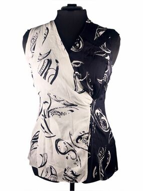 Women’s Classiques Entier Silk Blend Paisley Black and White Sleeveless Blouse M